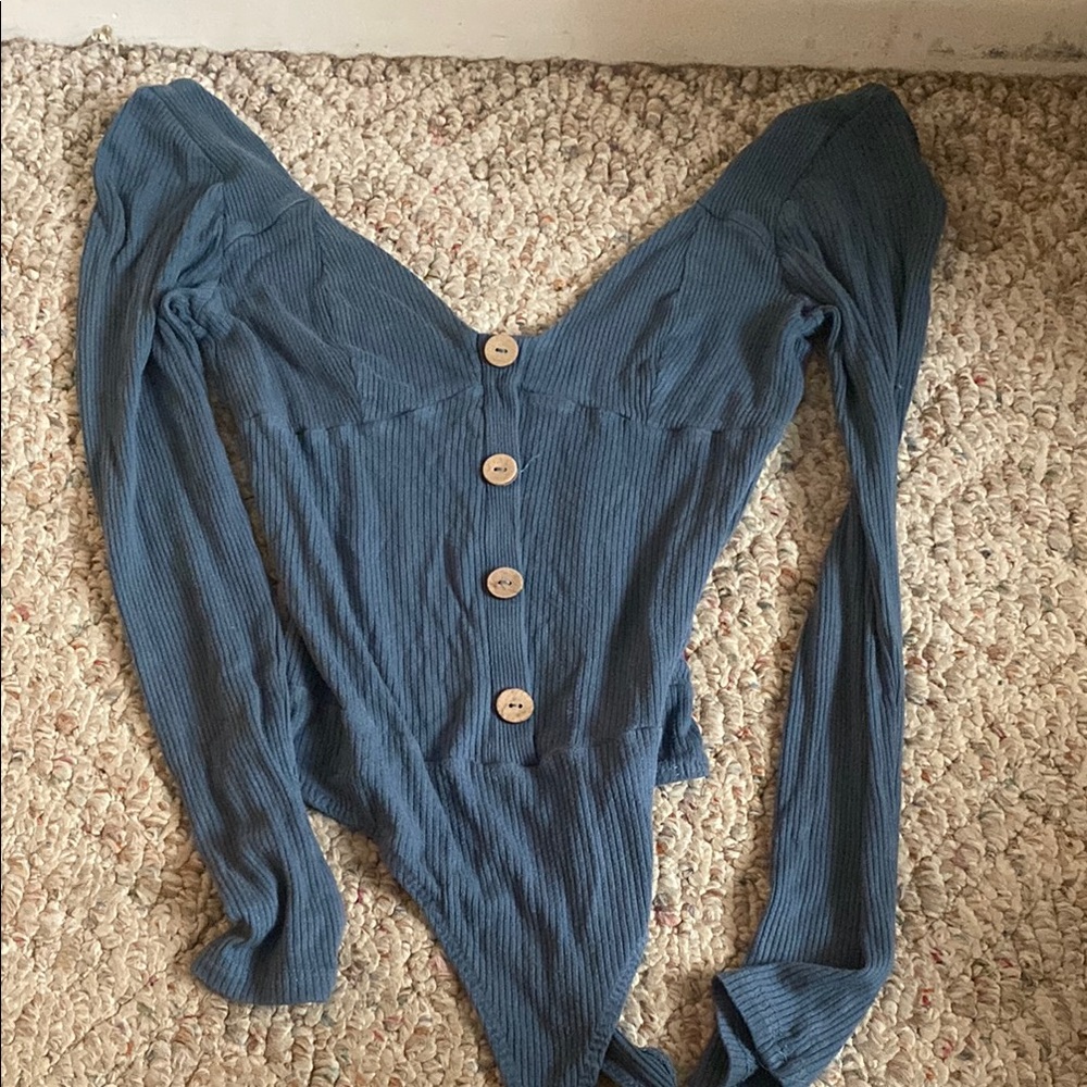 Blue Long Sleeve Button-Up Bodysuit
